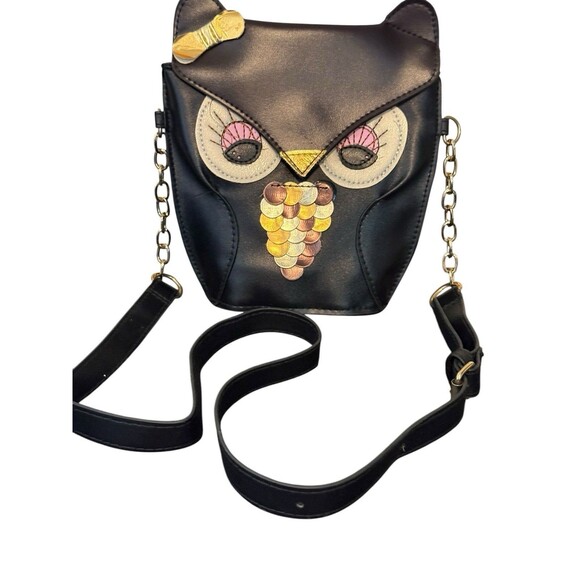 Unbranded Handbags - Cute Owl Purse Handbag Crossbody Black Embellished Adjustable Strap 8"x7"